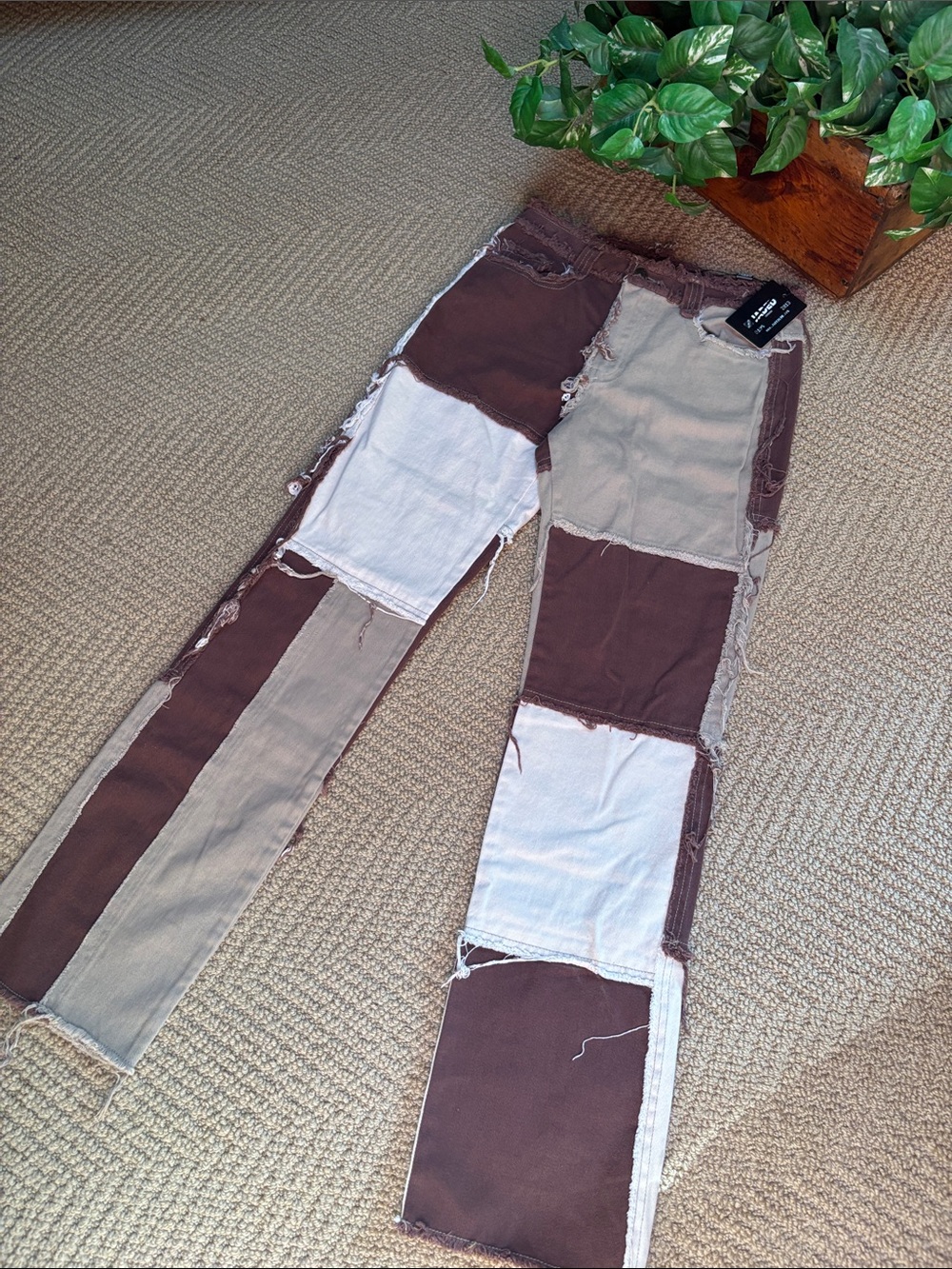 Jaded London Brown & Beige Patchwork Straight Jeans